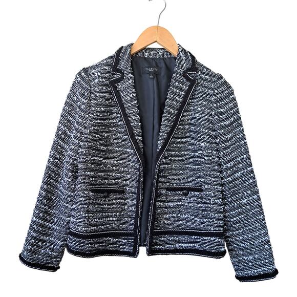 TALBOTS Black White Fringe-Trim Tweed Jacket Blazer Size 4P - Picture 9 of 12